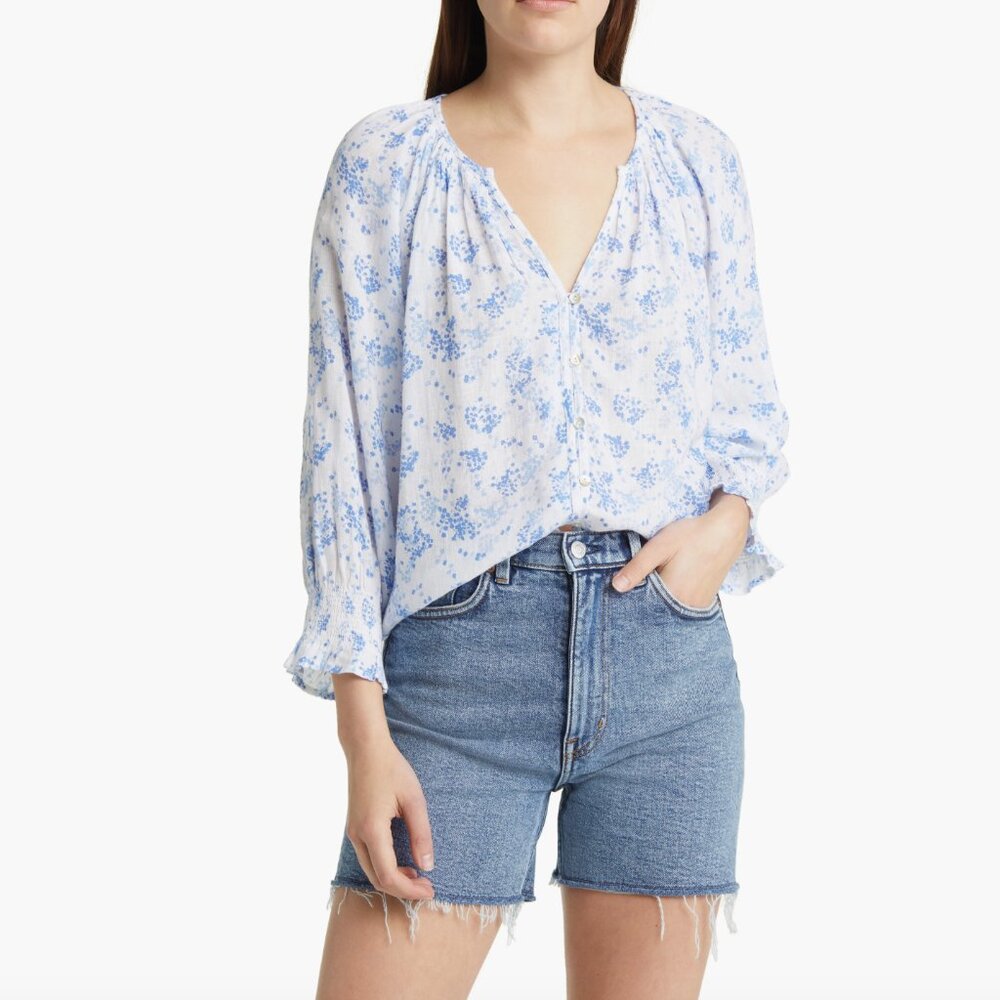 Rails Mariah Floral Print Smocked Linen Blend Blouse